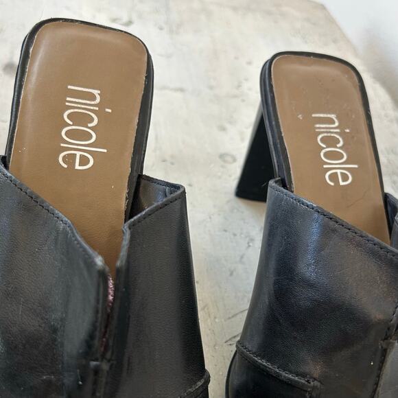 Vintage Nicole Black Leather Mules square toe block heel 90s Y2K minimalist 8 - Picture 11 of 13